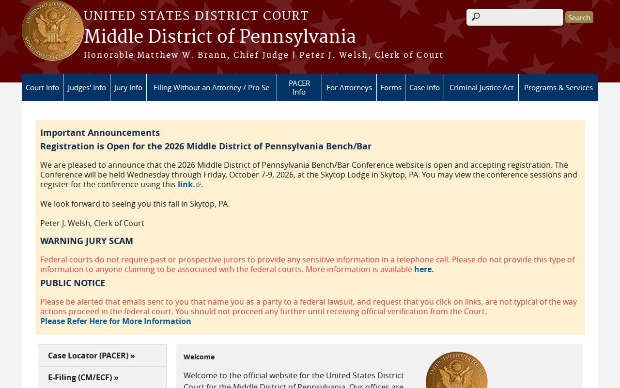 Wyoming County federal criminal court information from the Middle District of Pennsylvania