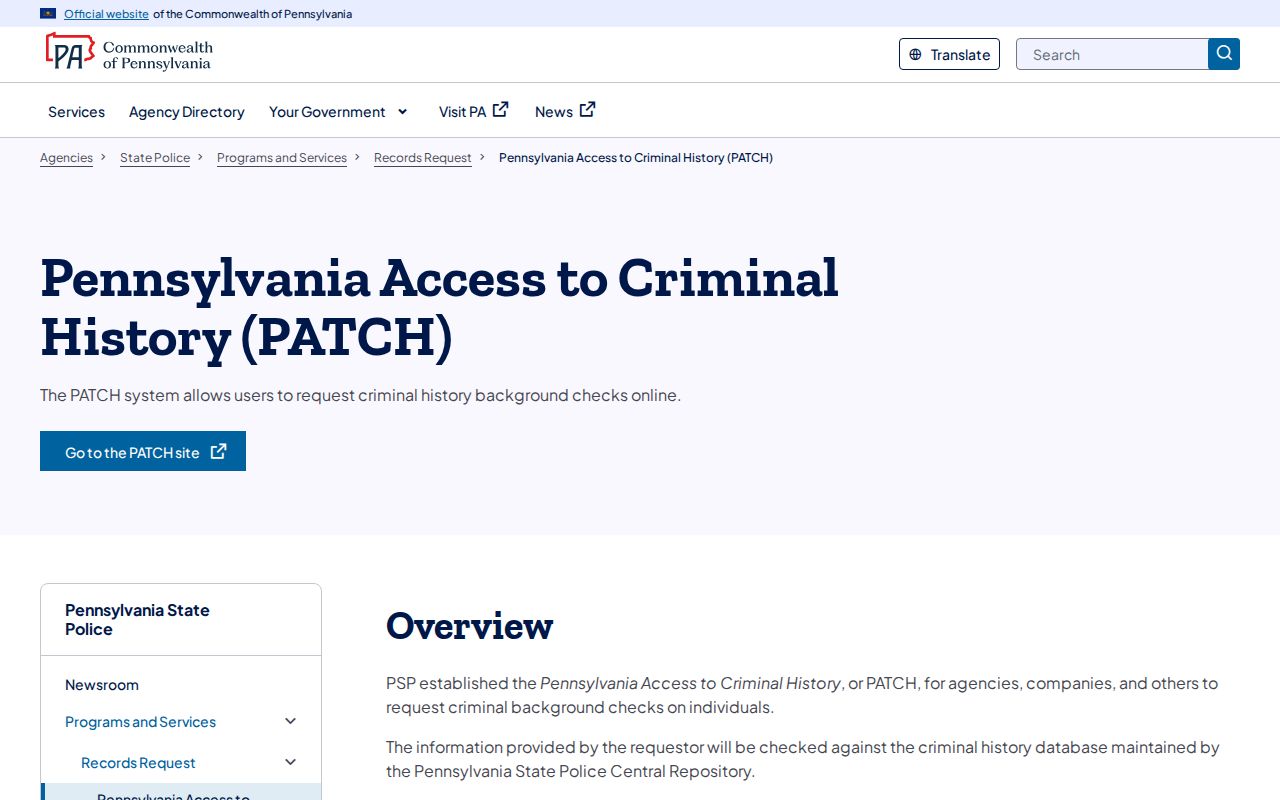 Factoryville criminal history and official Pennsylvania State Police PATCH guidance